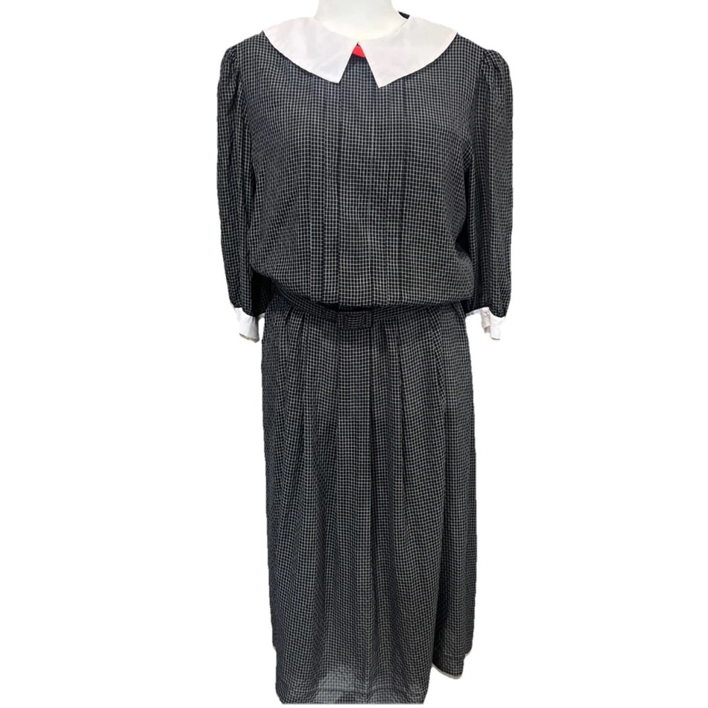 Vintage 80s Liz Roberts Peter Pan Collar Dress Size 16 Black White Belted